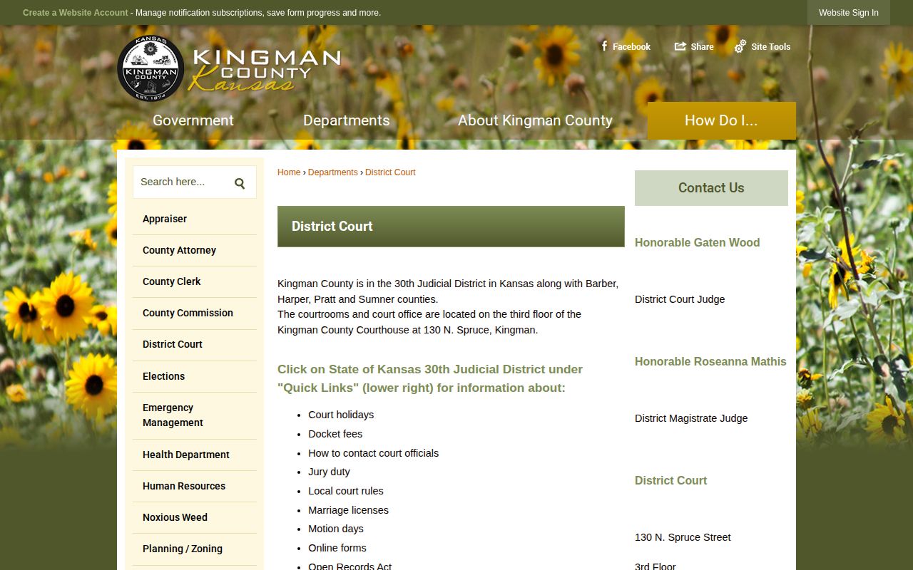 Kingman County District Court warrant and criminal record contact page