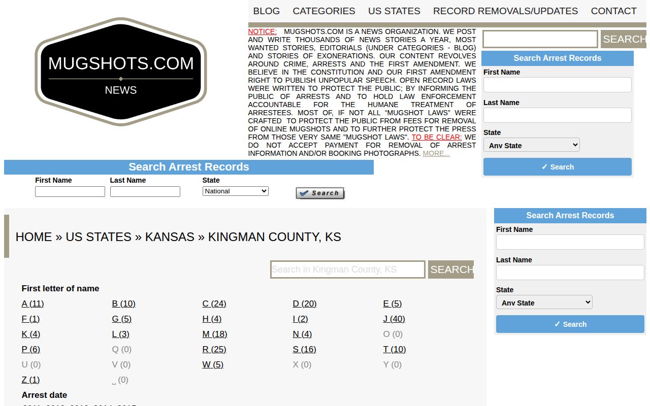 Unofficial Mugshots.com Kingman County historical arrest record index