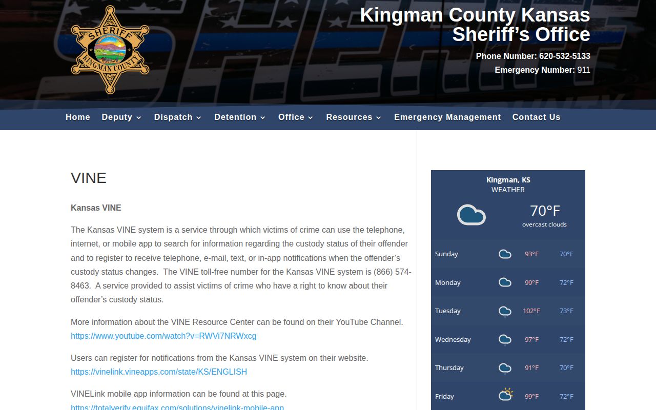 Kingman County jail custody alerts through Kansas VINE