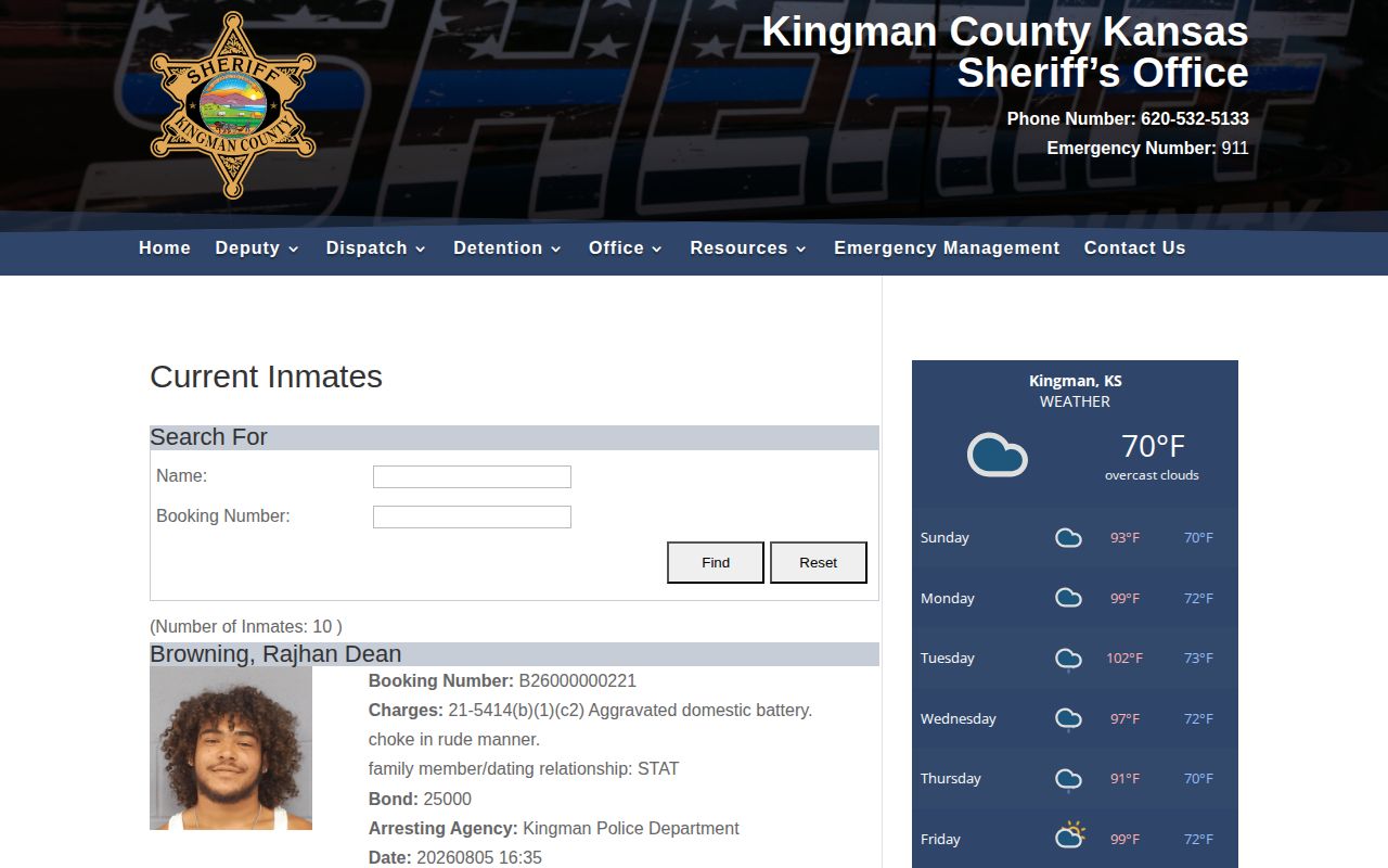 Kingman County current inmate booking search